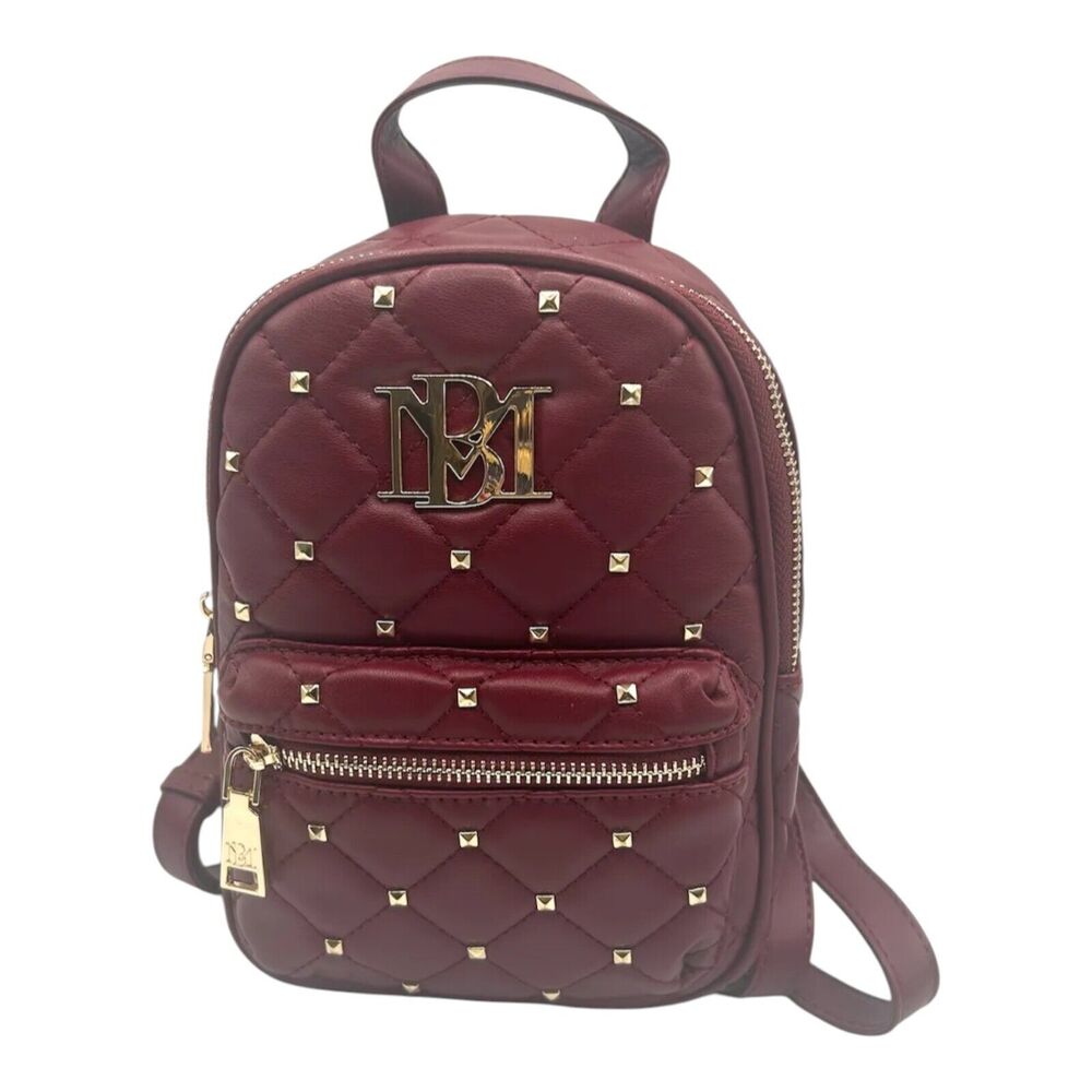Badgley Mischka Small Studded Backpack Burgundy Gold Diamond Quilted Zipper NWT